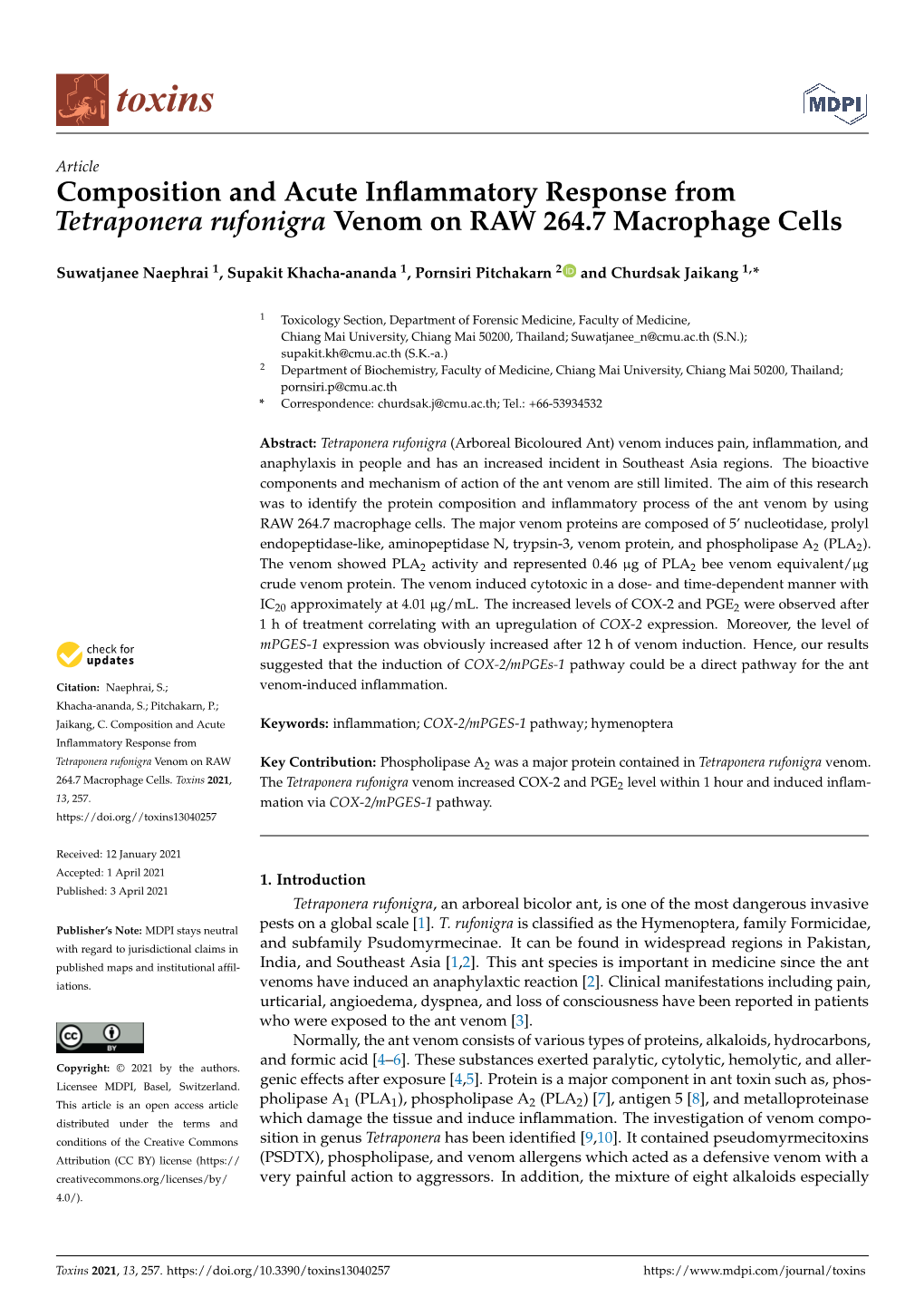 Composition and Acute Inflammatory Response from Tetraponera