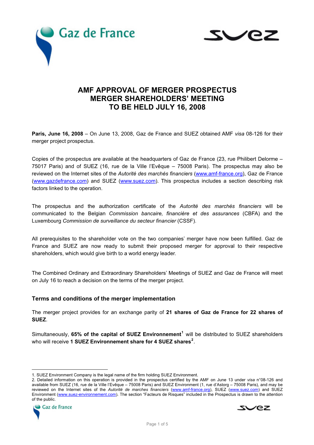 Amf Approval of Merger Prospectus Merger Shareholders' Meeting to Be Held July 16, 2008