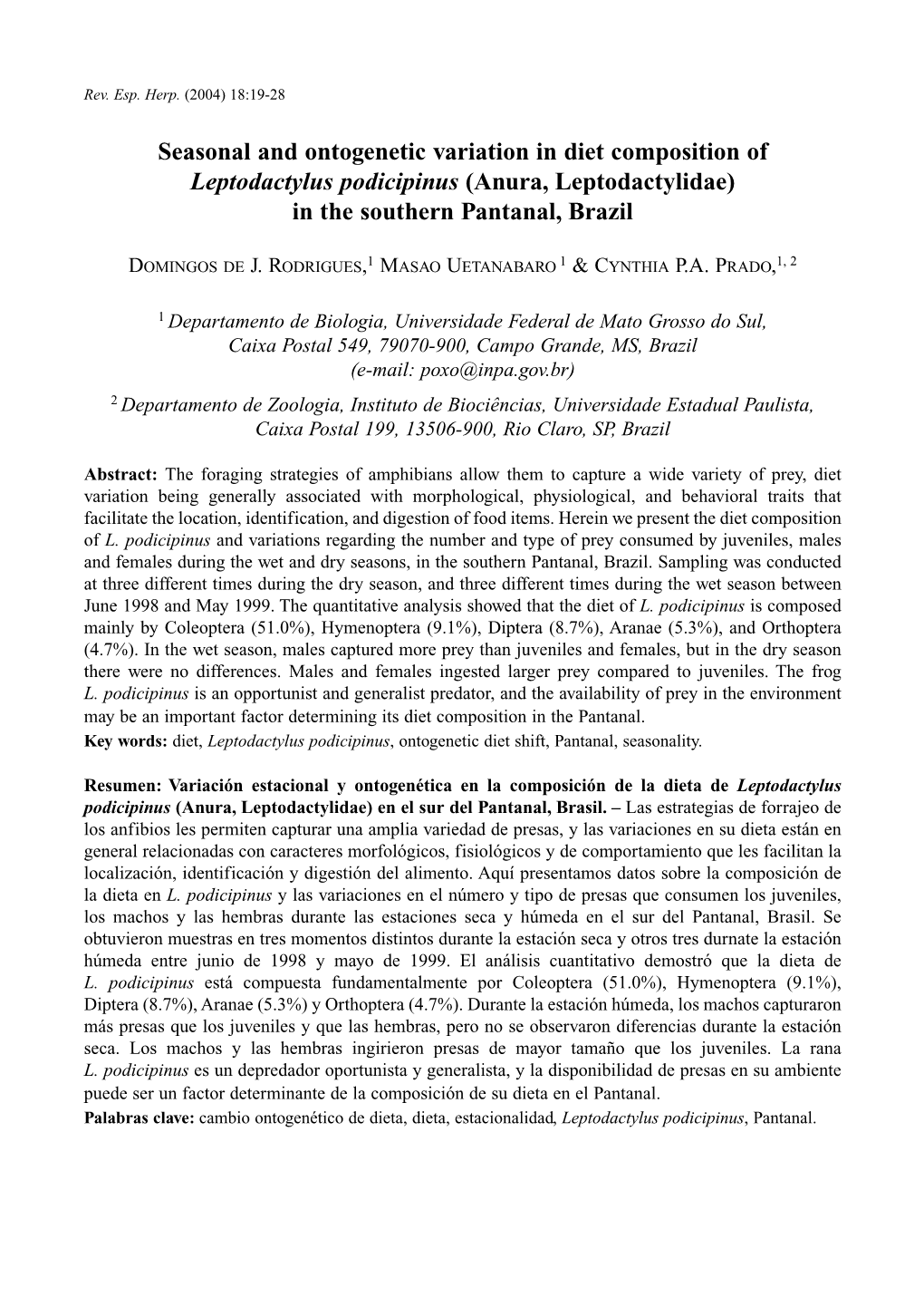 Seasonal and Ontogenetic Variation in Diet Composition of Leptodactylus Podicipinus (Anura, Leptodactylidae) in the Southern Pantanal, Brazil