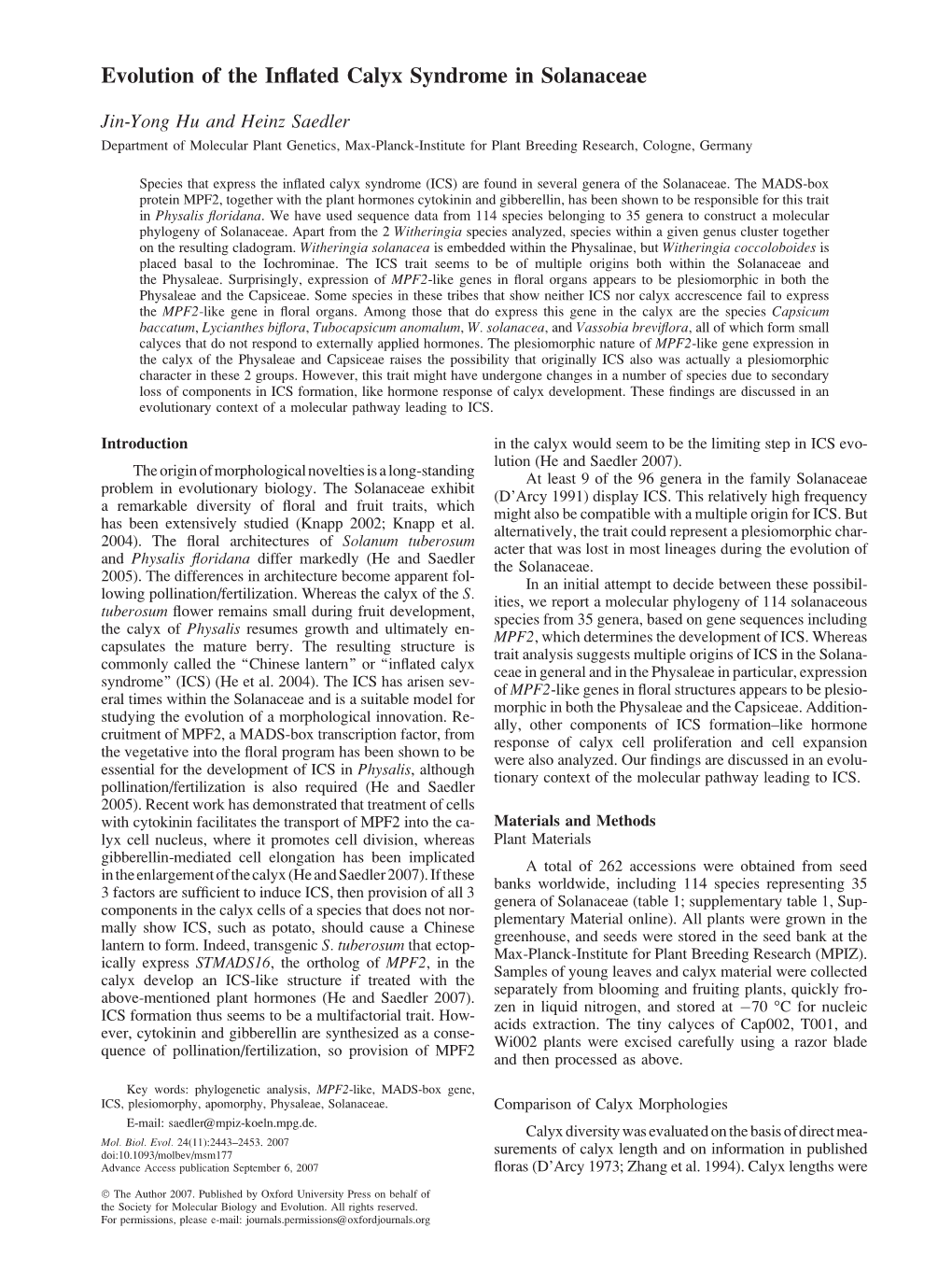 Evolution of the Inflated Calyx Syndrome in Solanaceae