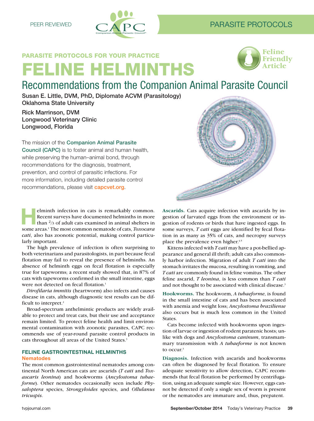 Feline Helminths Article Recommendations from the Companion Animal Parasite Council Susan E