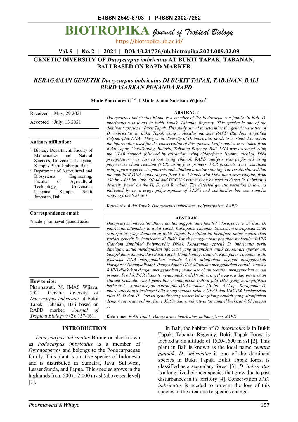 Biotropika: Journal of Tropical Biology | Vol