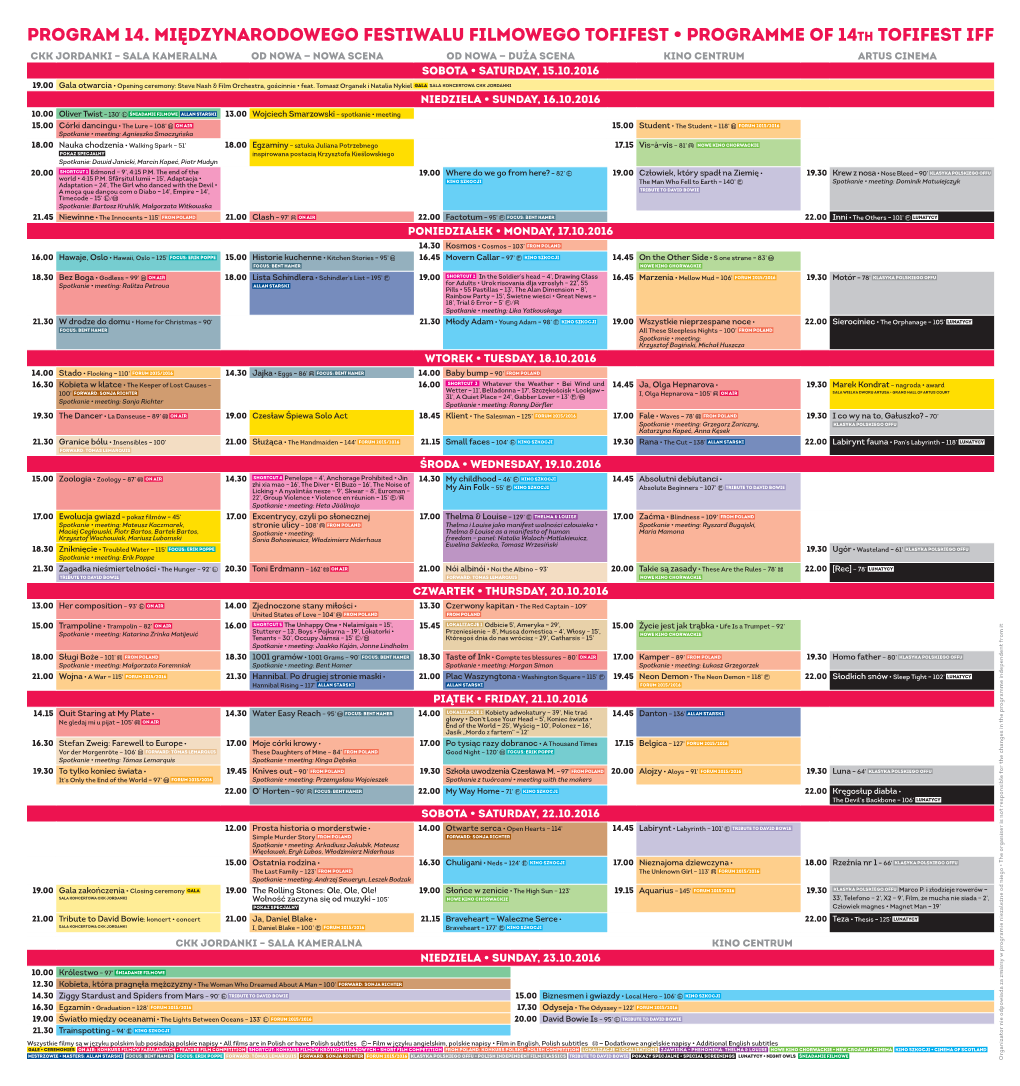 PROGRAM 14. Międzynarodowego Festiwalu Filmowego TOFIFEST