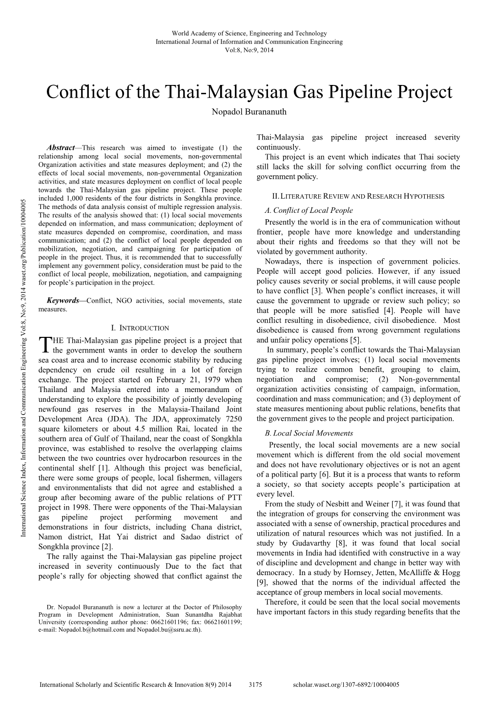 Conflict of the Thai-Malaysian Gas Pipeline Project Nopadol Burananuth