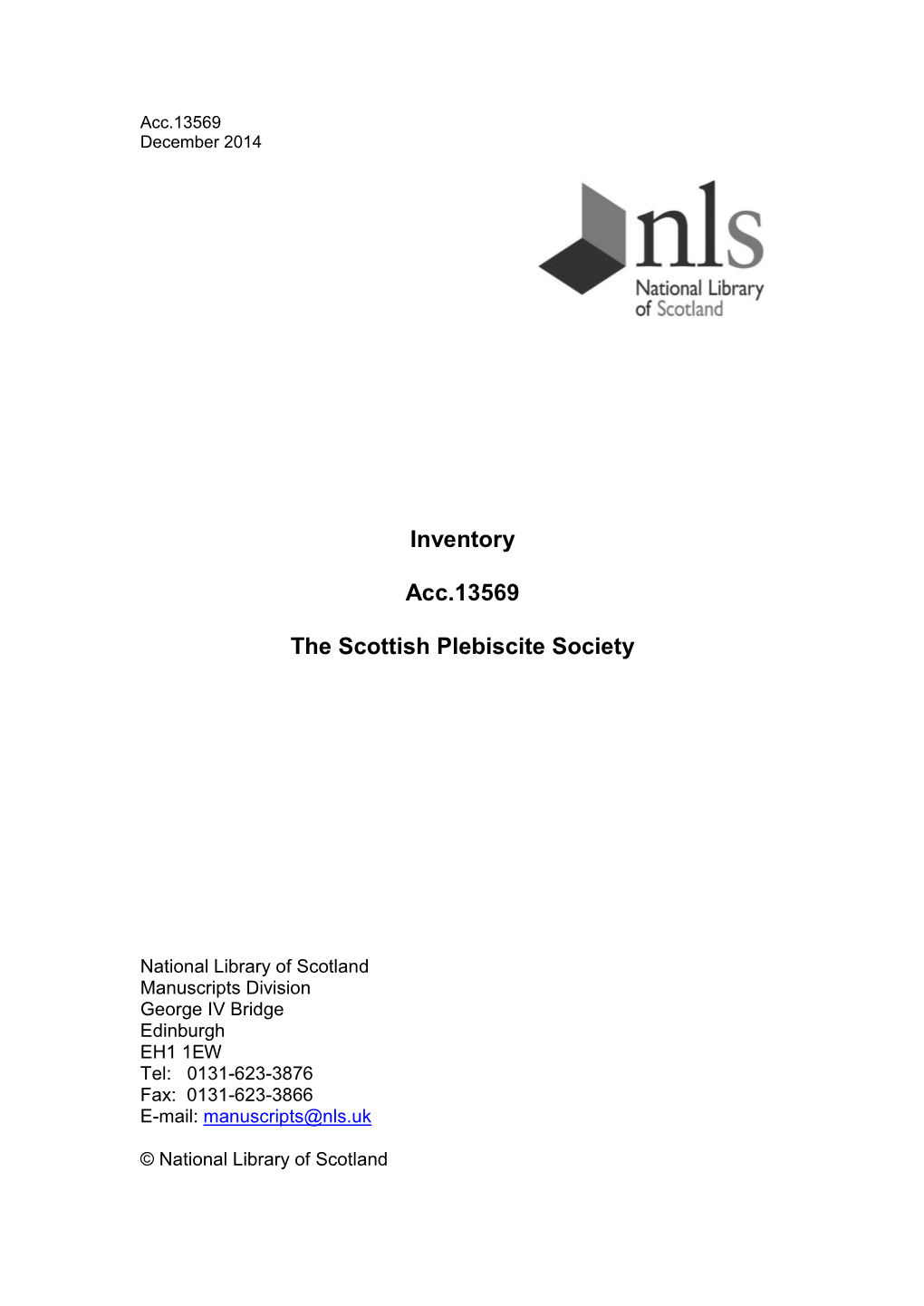 Inventory Acc.13569 the Scottish Plebiscite Society