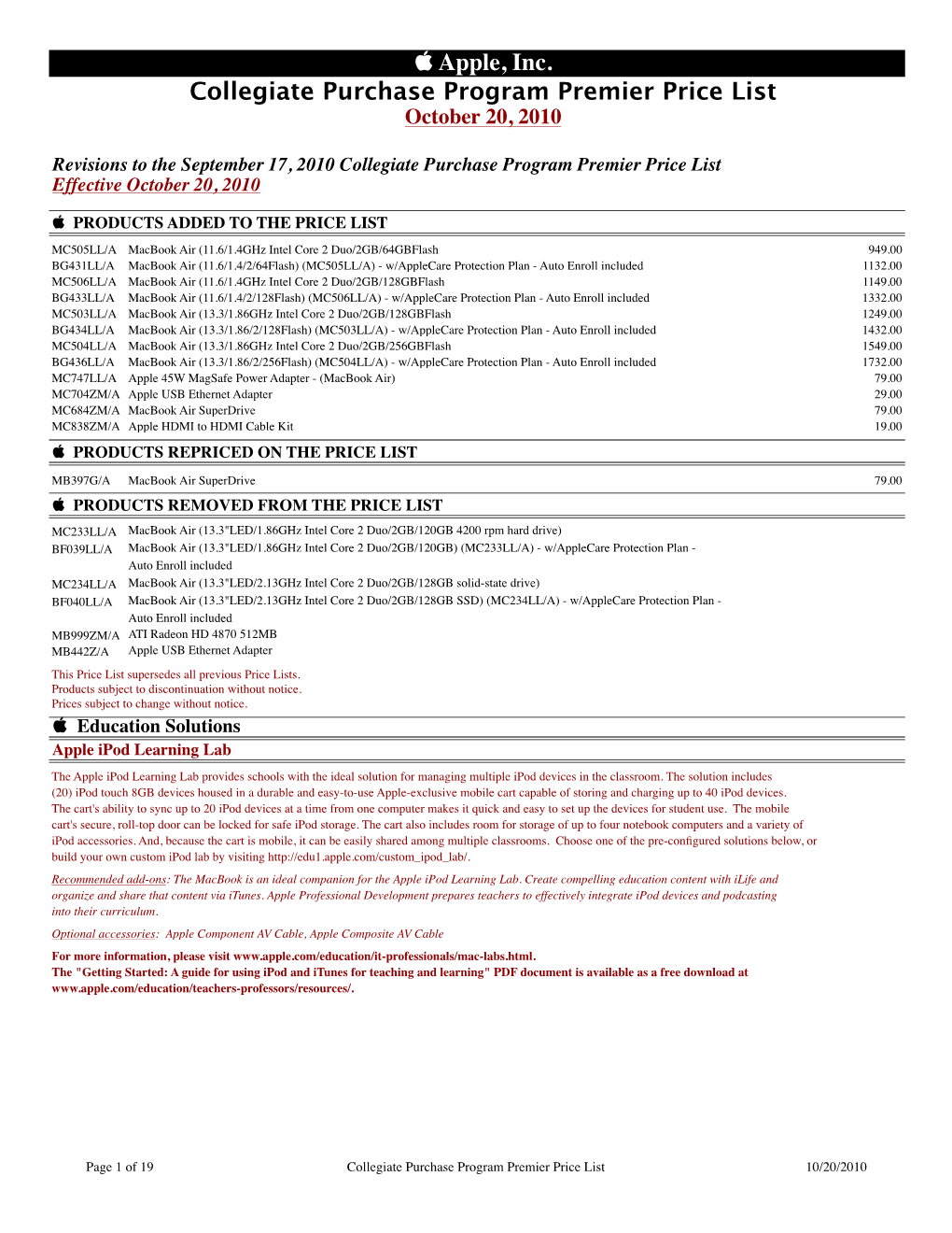 10/20 CPP Price List