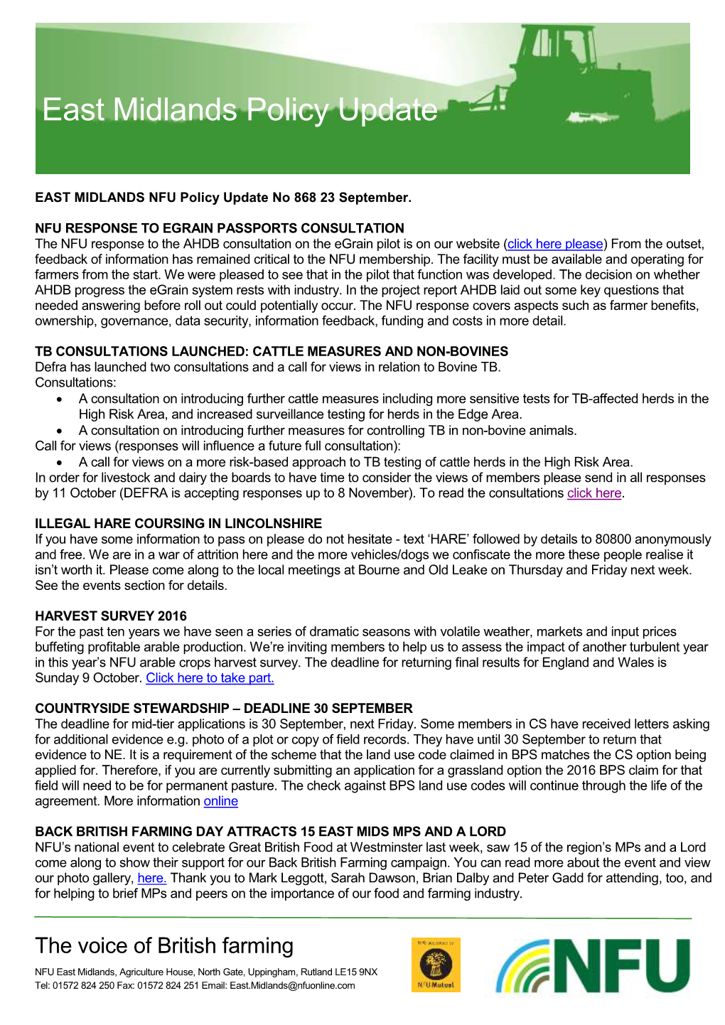 EAST MIDLANDS NFU Policy Update No 868 23 September