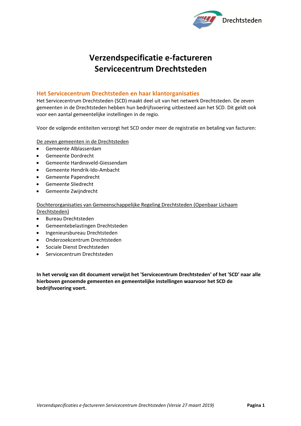 Verzendspecificatie E-Factureren Servicecentrum Drechtsteden