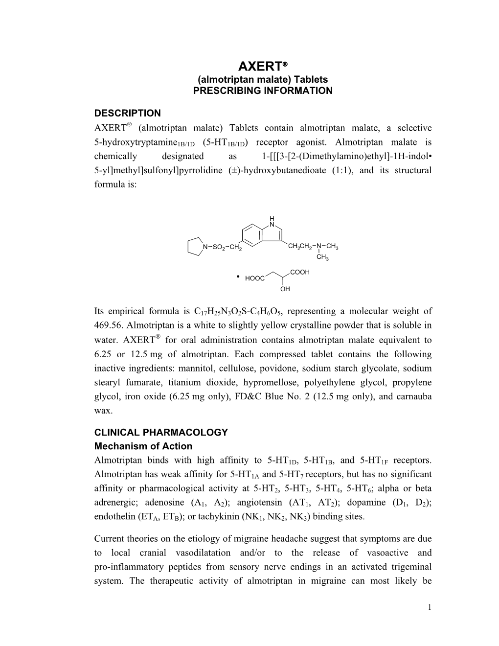 AXERT® (Almotriptan Malate) Tablets PRESCRIBING INFORMATION