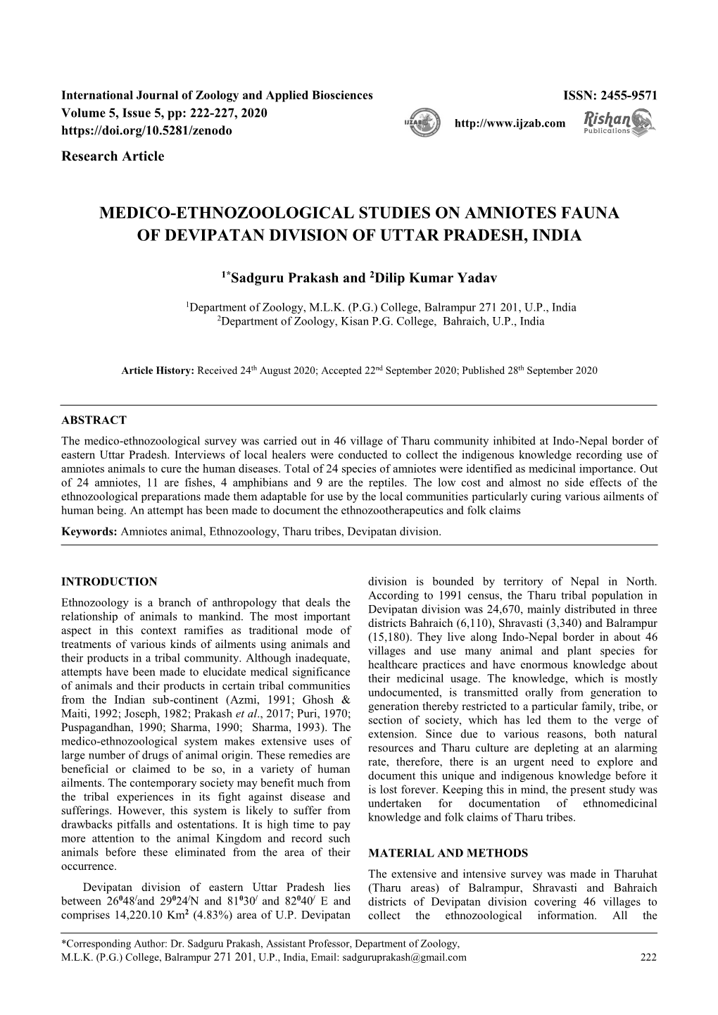 Medico-Ethnozoological Studies on Amniotes Fauna of Devipatan Division of Uttar Pradesh, India