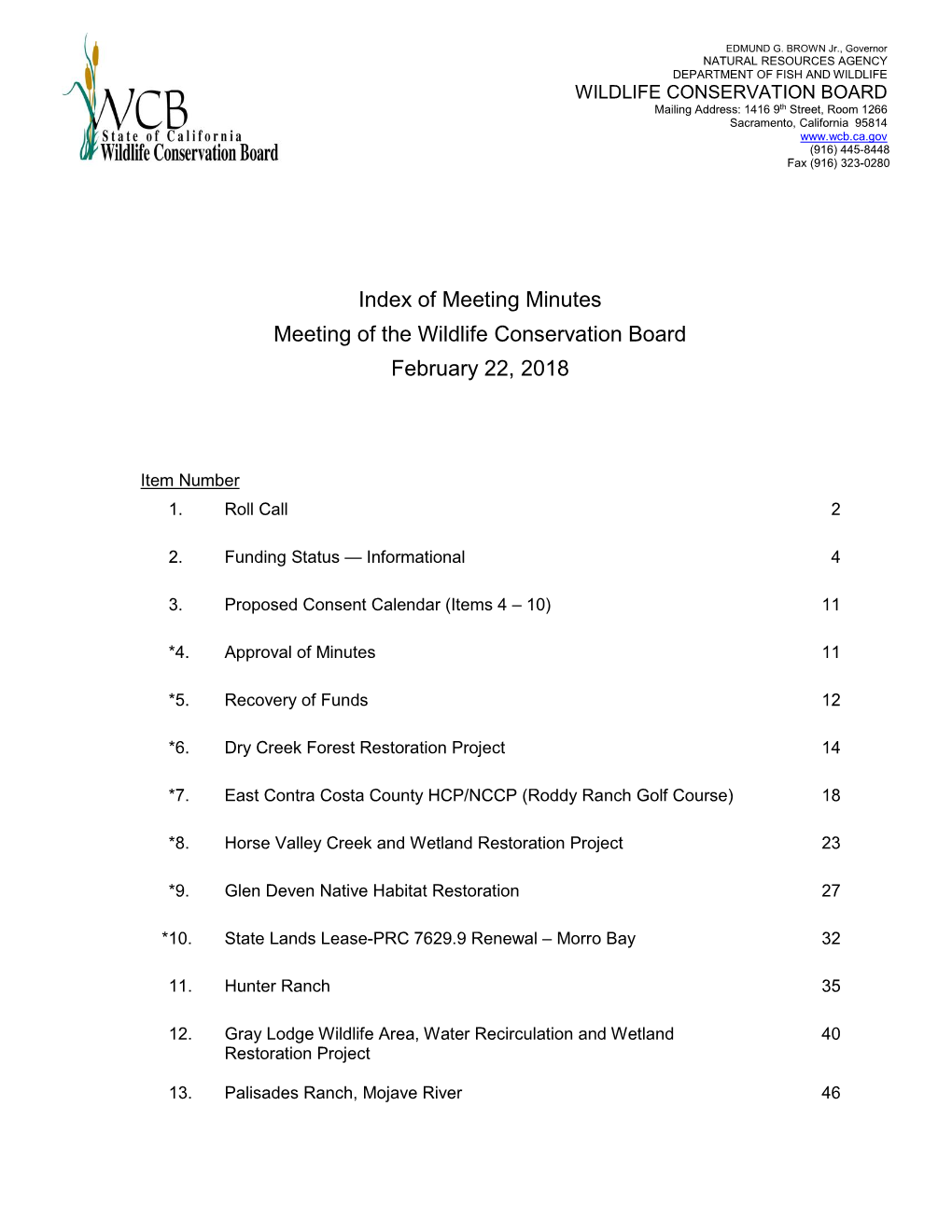 Of Meeting Minutes Meeting of the Wildlife Conservation Board February 22, 2018