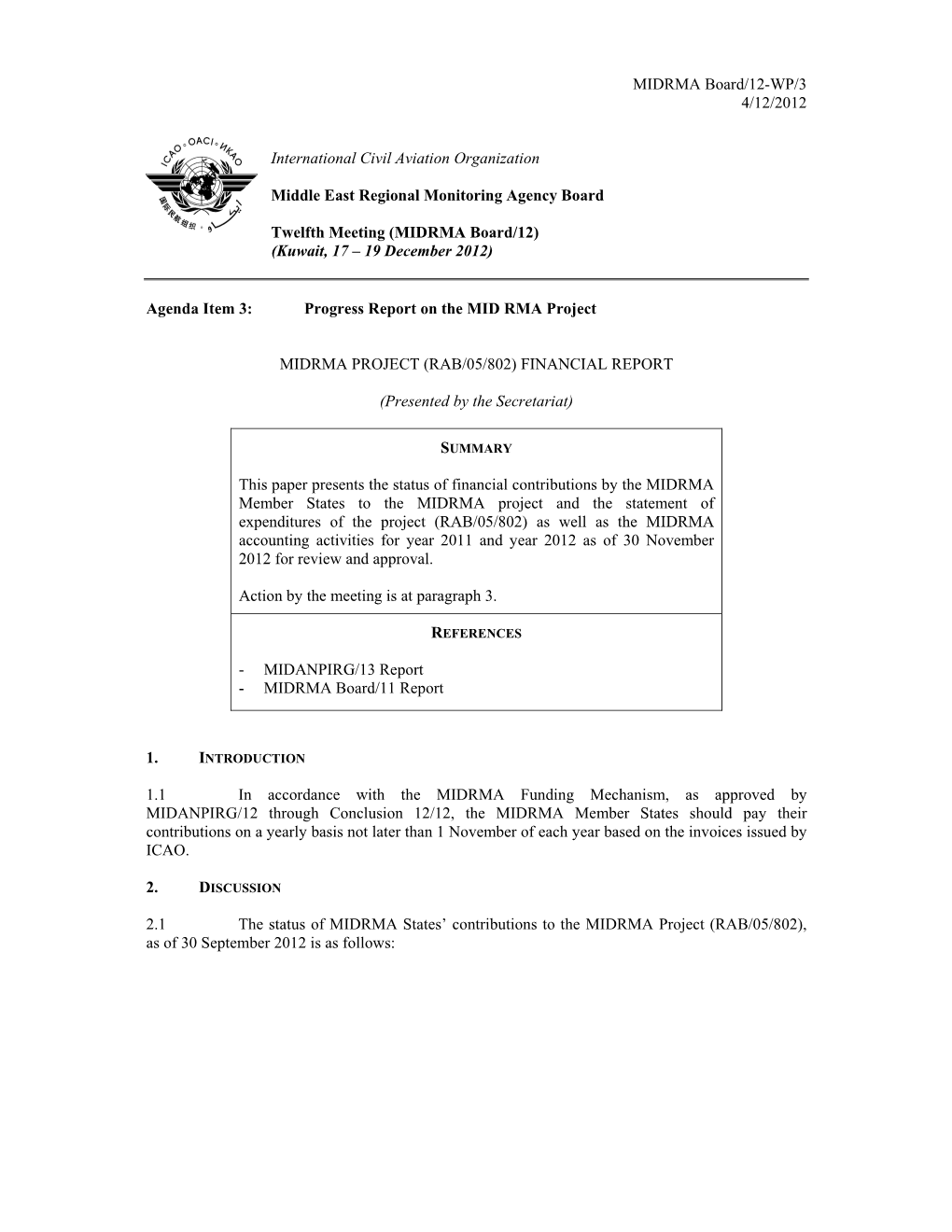 MIDRMA Board/12-WP/3 4/12/2012 International Civil Aviation