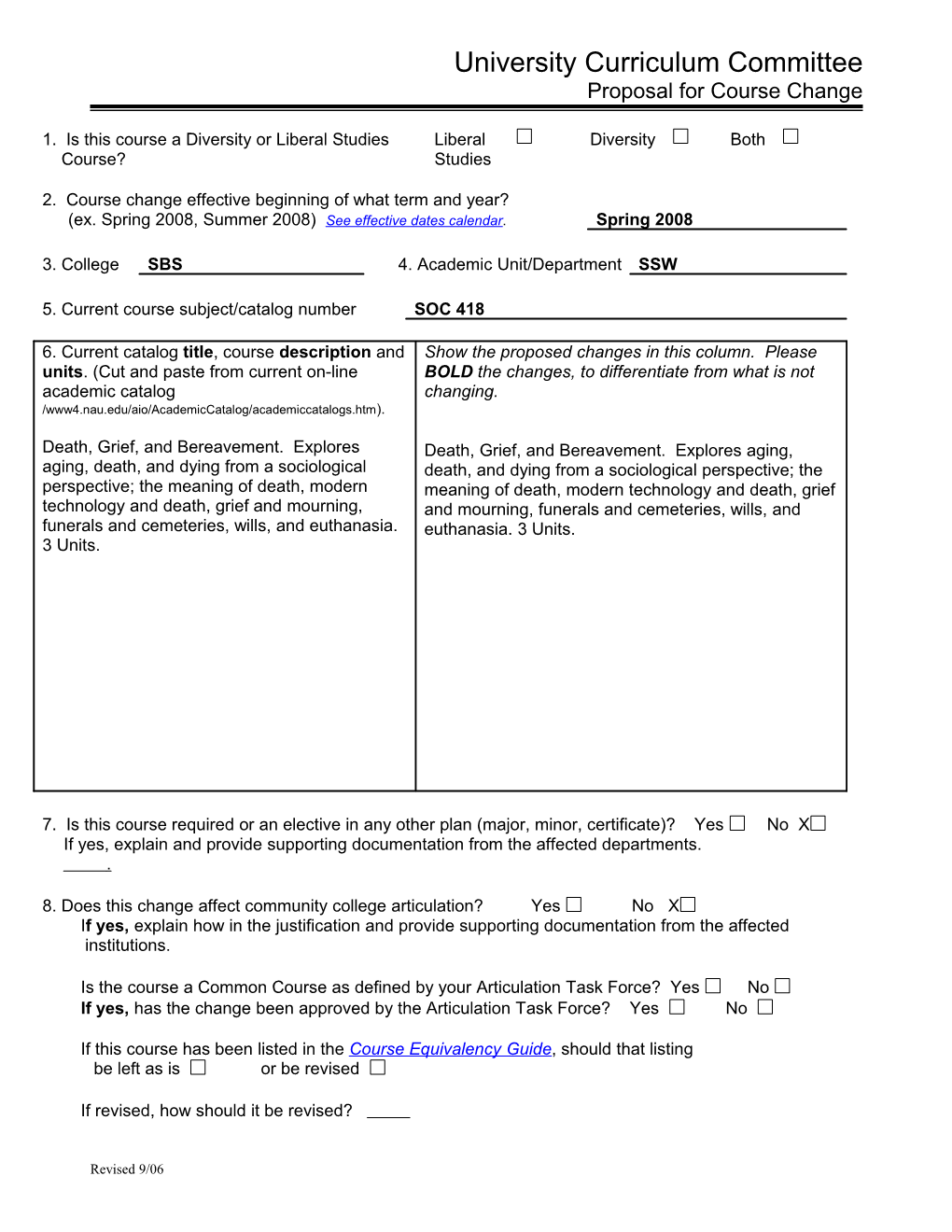 Proposal for Course Change