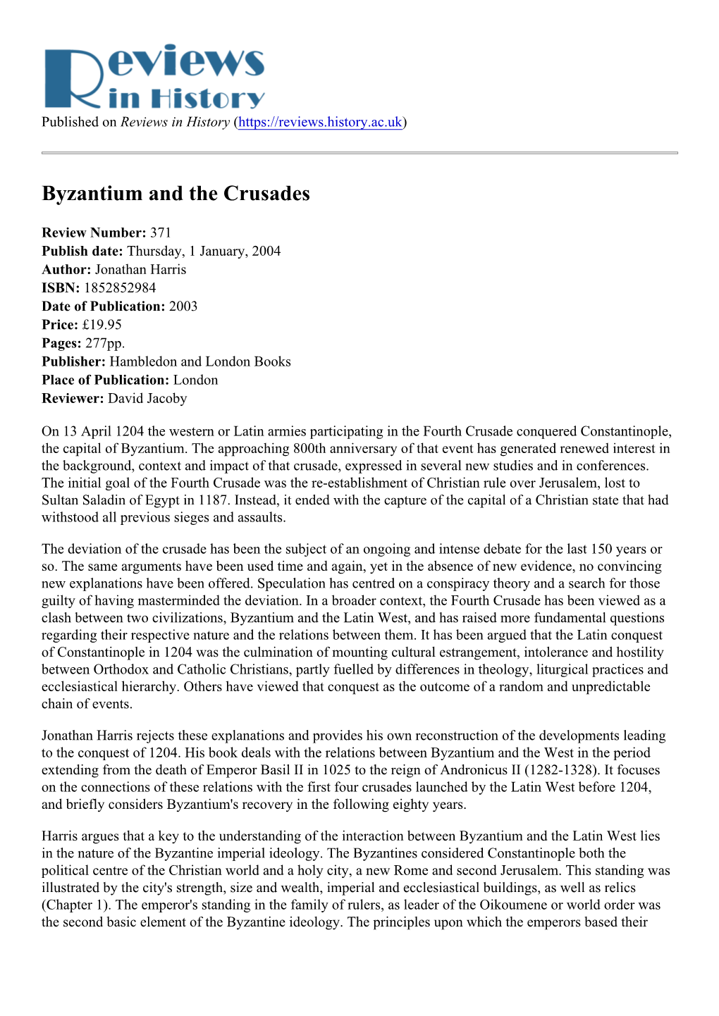 Byzantium and the Crusades