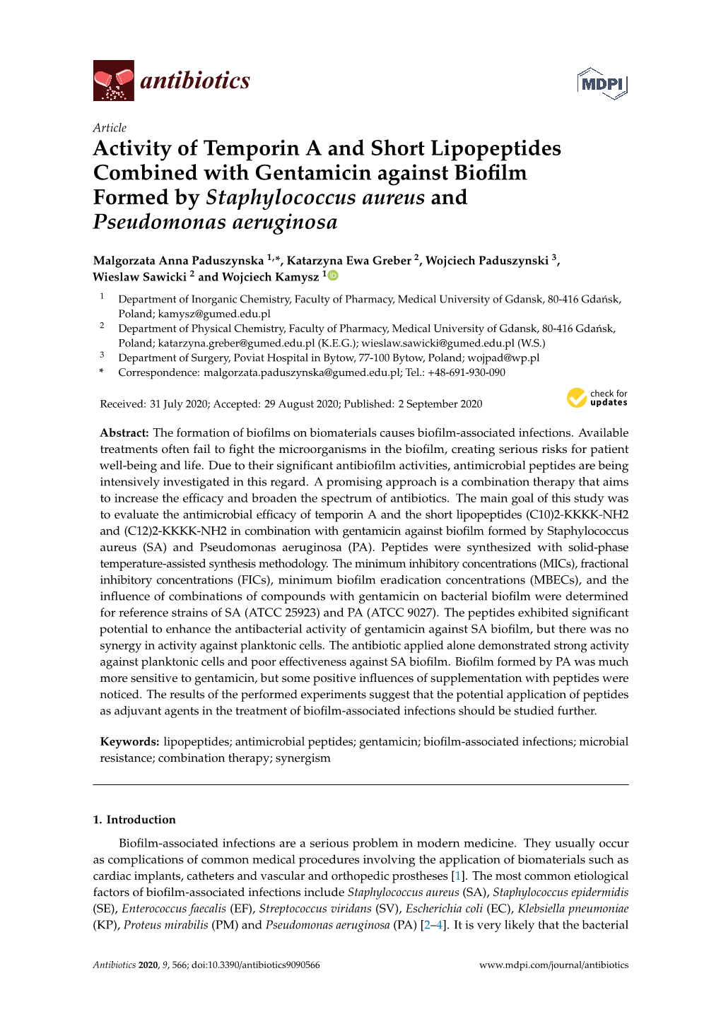 Activity of Temporin a and Short Lipopeptides Combined with Gentamicin Against Biofilm Formed by Staphylococcus Aureus and Pseud