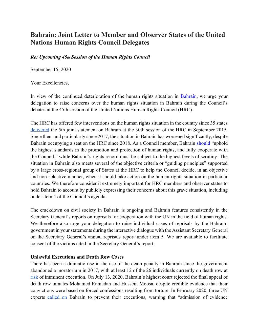 Bahrain: Joint Letter to Member and Observer States of the United Nations Human Rights Council Delegates