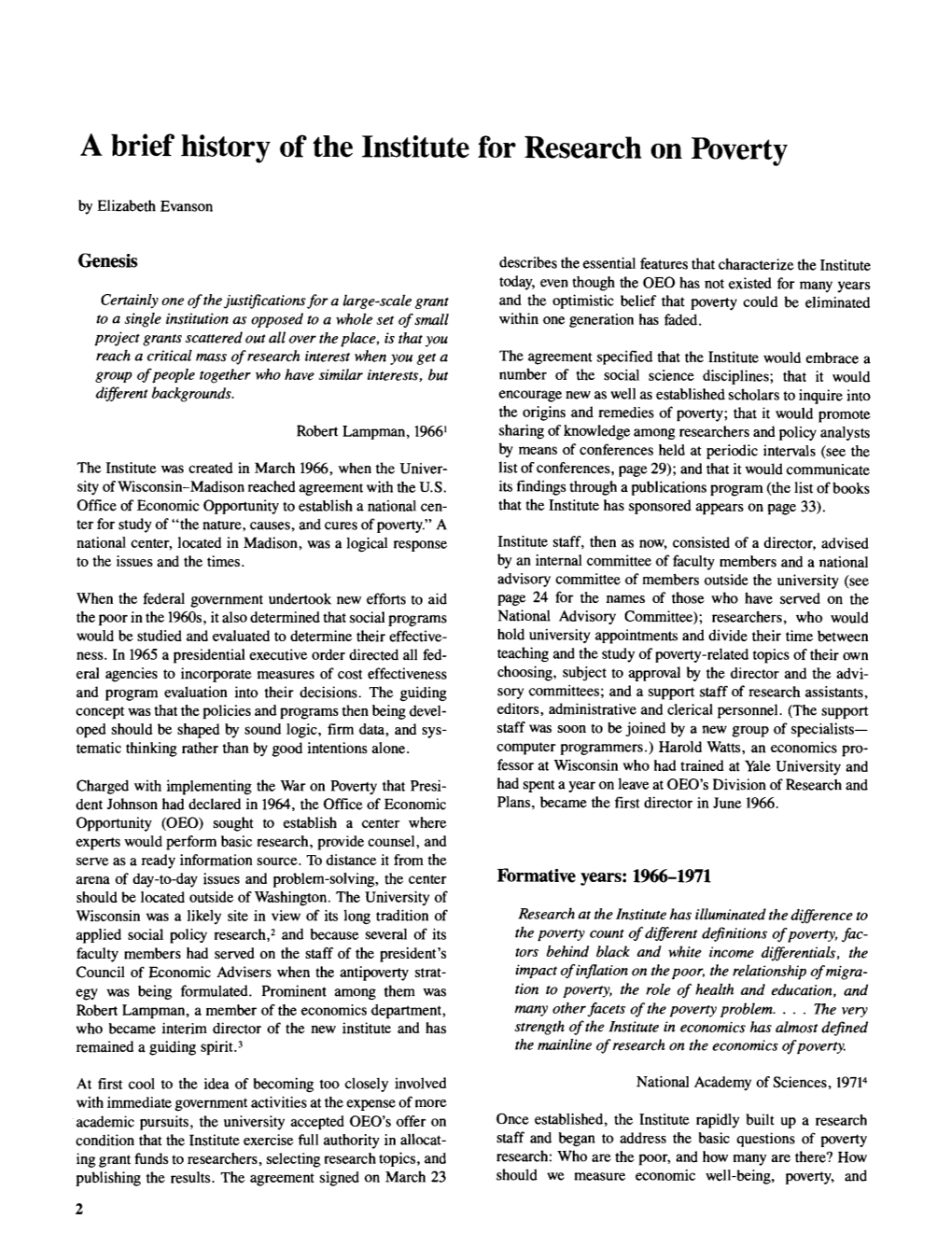 A Brief History of the Institute for Research on Poverty by Elizabeth Evanson