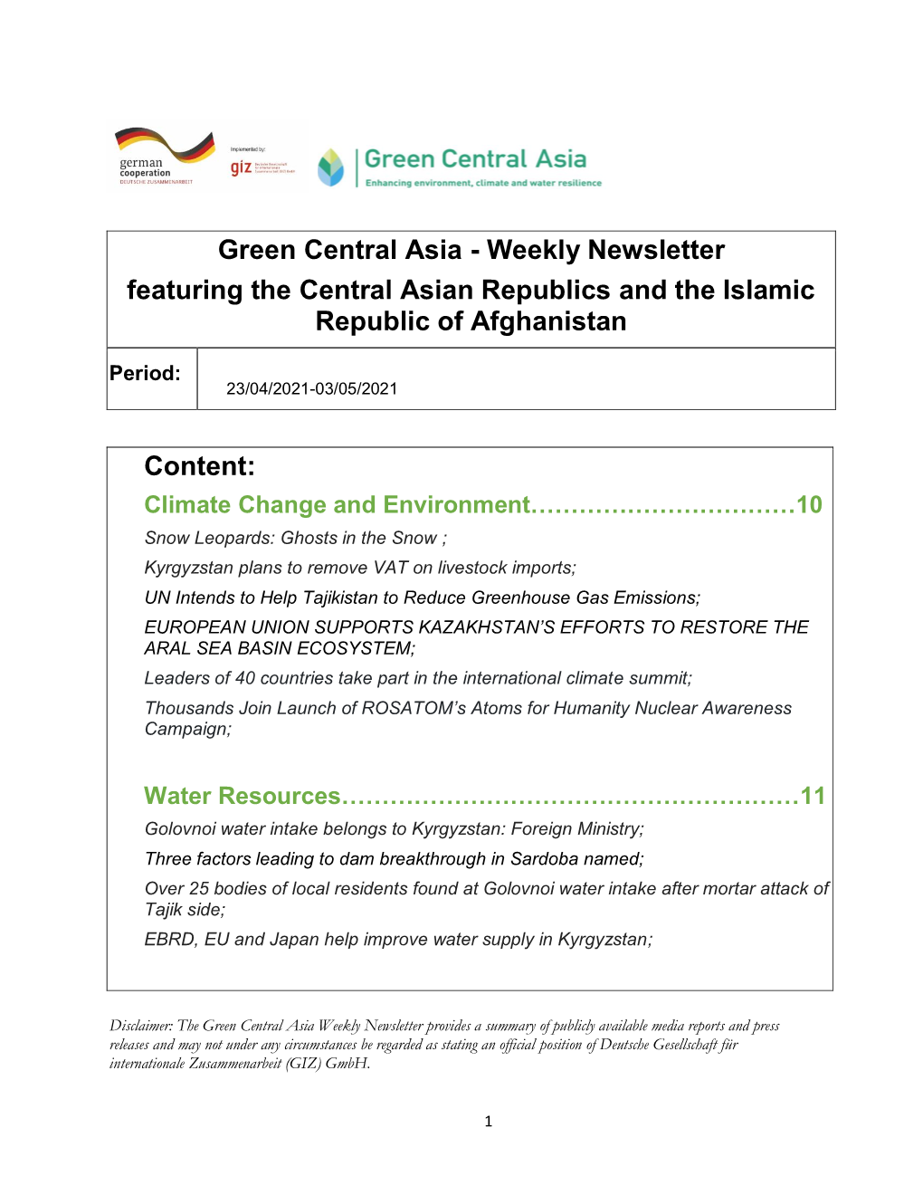 Weekly Newsletter Featuring the Central Asian Republics and the Islamic Republic of Afghanistan Content