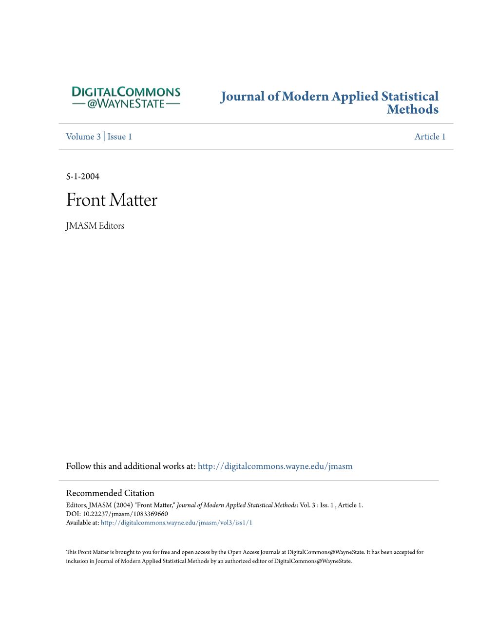 Front Matter JMASM Editors