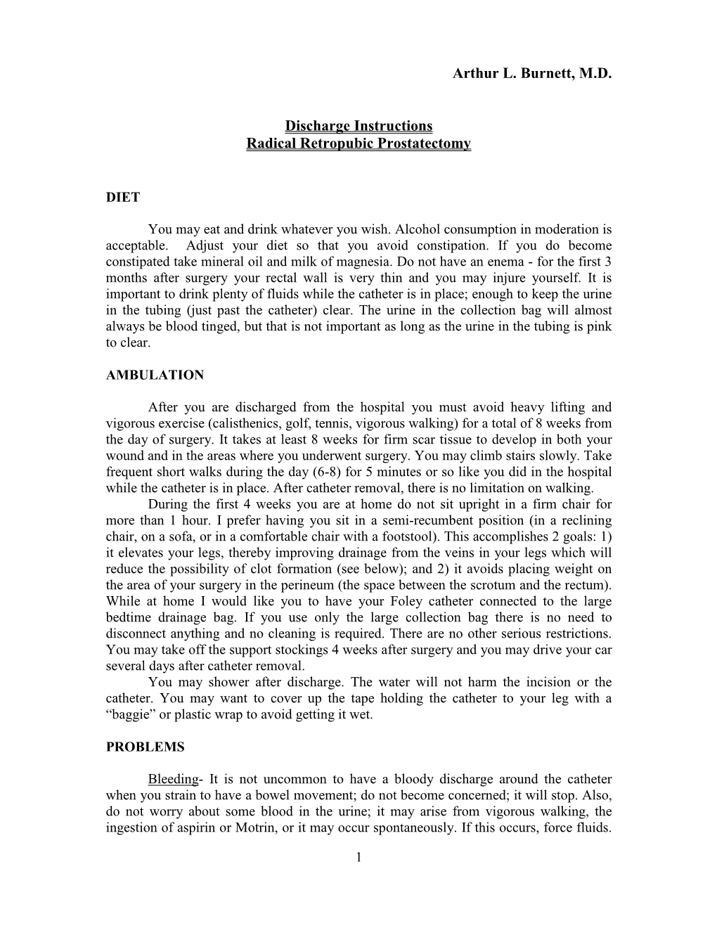 Discharge Instructions Radical Retropubic Prostatectomy