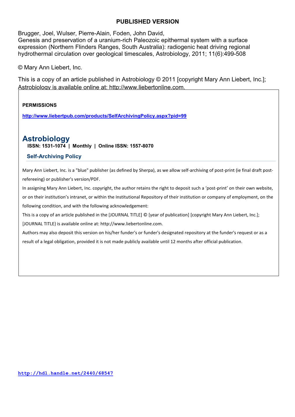 Genesis and Preservation of a Uranium-Rich Paleozoic Epithermal