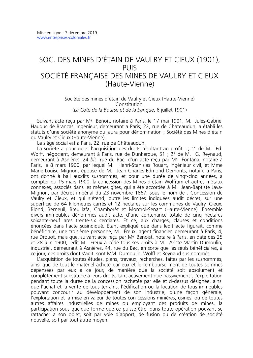 VAULRY ET CIEUX (1901), PUIS SOCIÉTÉ FRANÇAISE DES MINES DE VAULRY ET CIEUX (Haute-Vienne)