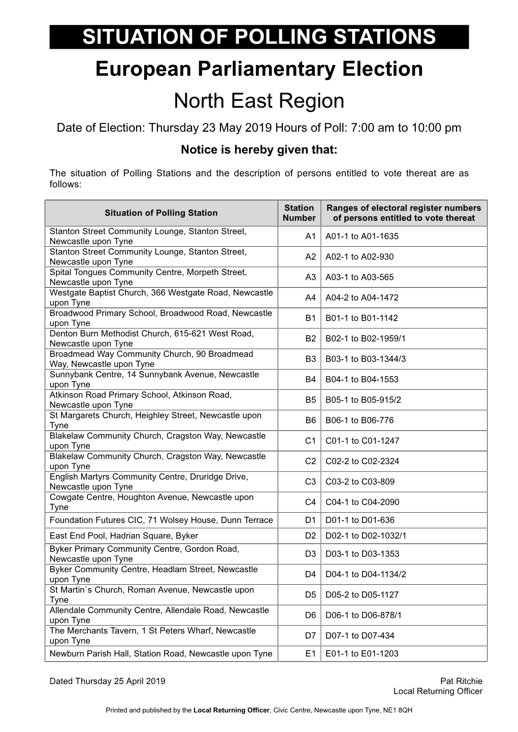 SITUATION of POLLING STATIONS European Parliamentary Election