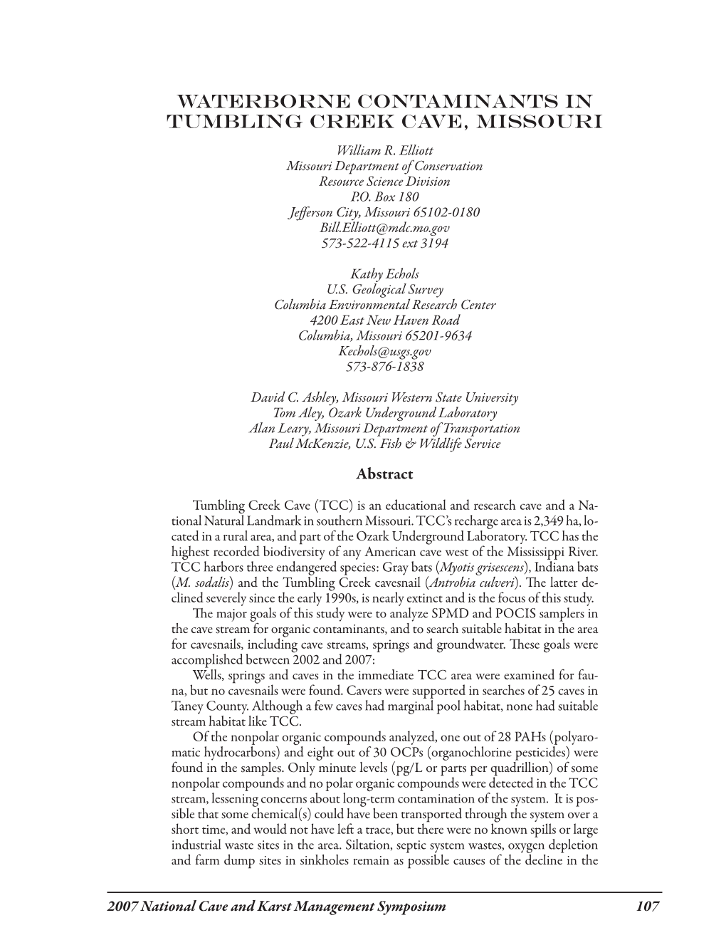 Waterborne Contaminants in Tumbling Creek Cave, Missouri