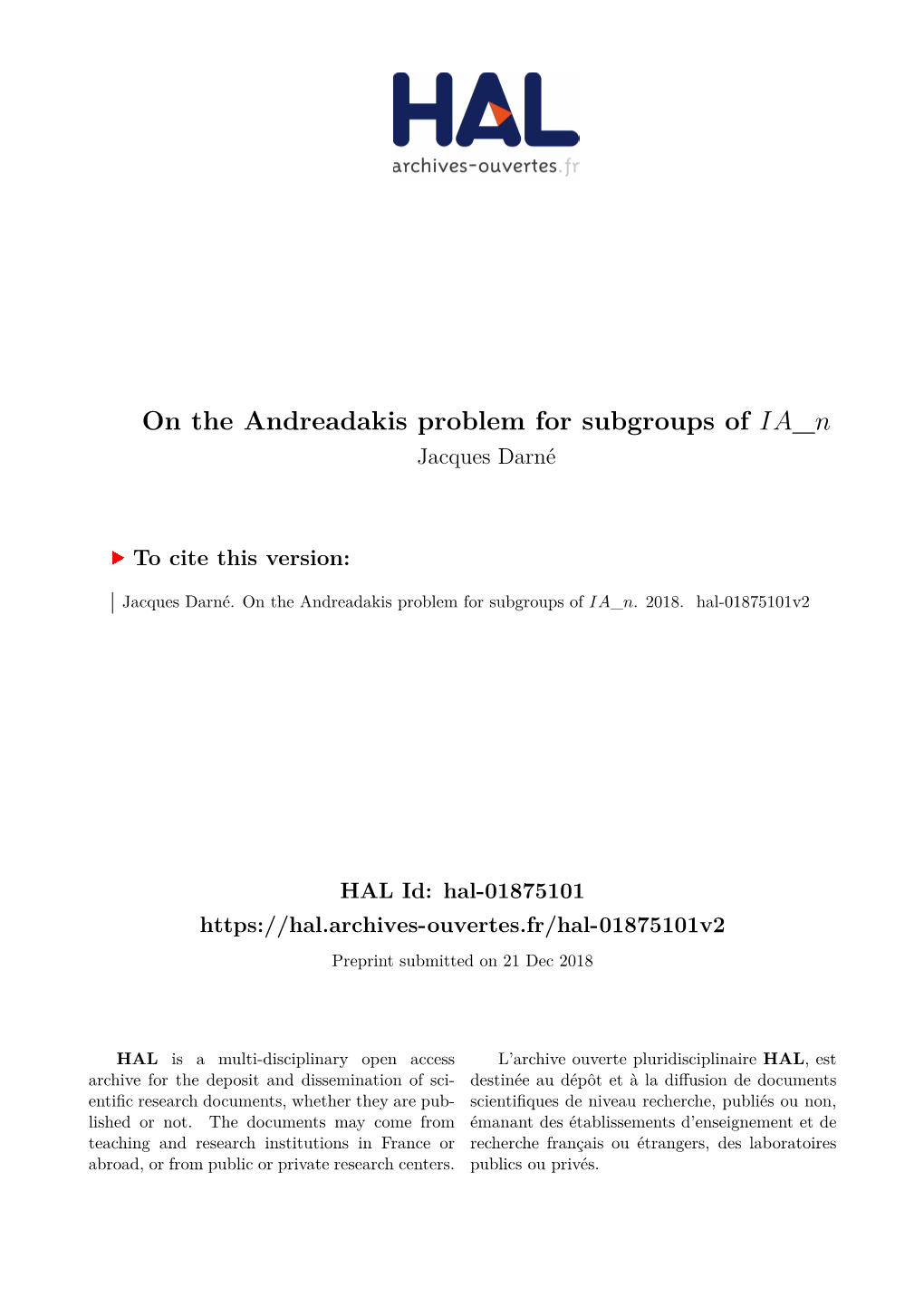 On the Andreadakis Problem for Subgroups of IA N Jacques Darné