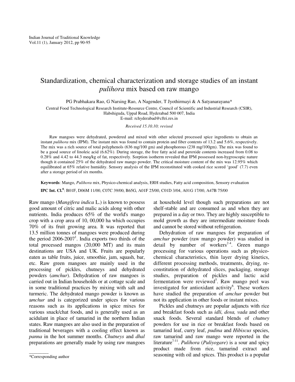 Standardization, Chemical Characterization and Storage Studies of an Instant Pulihora Mix Based on Raw Mango