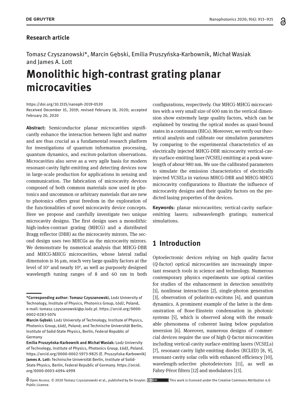 Monolithic High-Contrast Grating Planar Microcavities Configurations, Respectively
