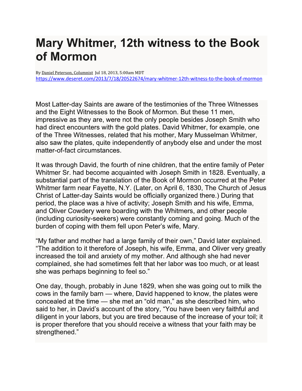 Mary Whitmer, 12Th Witness to the Book of Mormon(New)