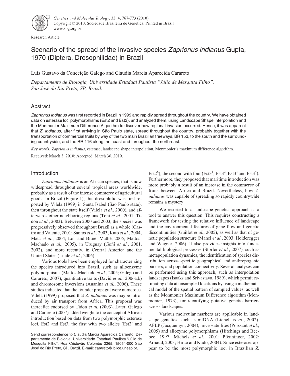 Scenario of the Spread of the Invasive Species Zaprionus Indianus Gupta, 1970 (Diptera, Drosophilidae) in Brazil