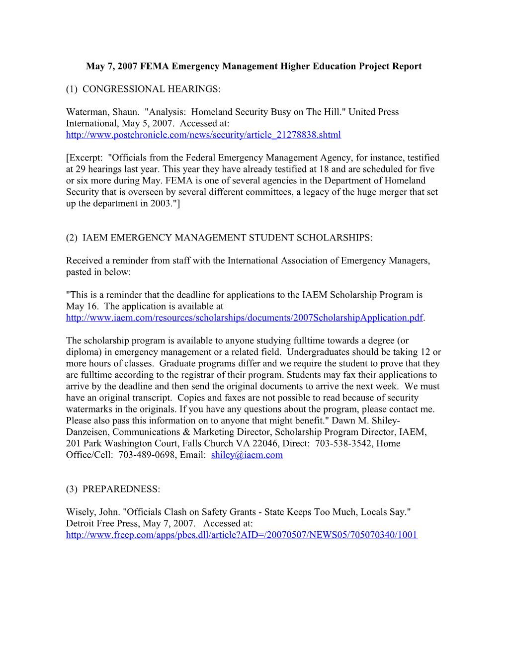 May 7, 2007 FEMA Emergency Management Higher Education Project Report