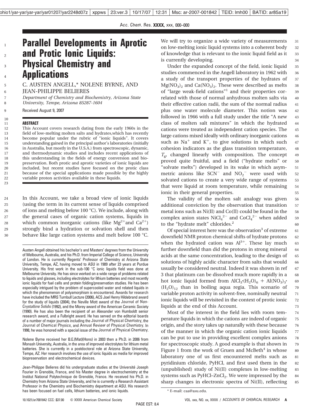 Parallel Developments in Aprotic and Protic Ionic Liquids Angell Et Al