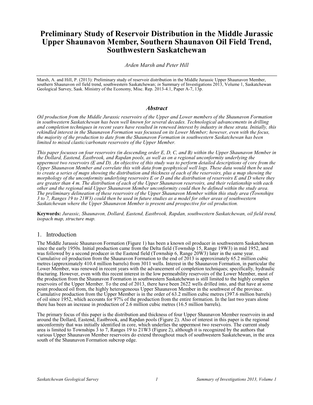 Preliminary Study of Reservoir Distribution in the Middle Jurassic Upper Shaunavon Member, Southern Shaunavon Oil Field Trend, Southwestern Saskatchewan