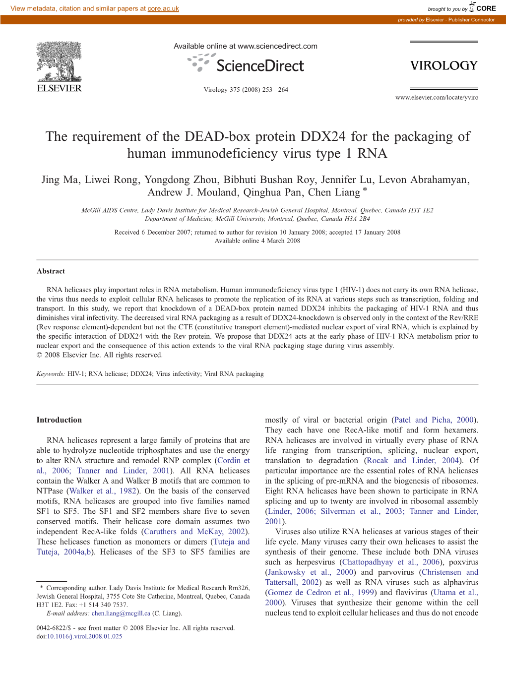 The Requirement of the DEAD-Box Protein DDX24 for the Packaging of Human Immunodeficiency Virus Type 1 RNA