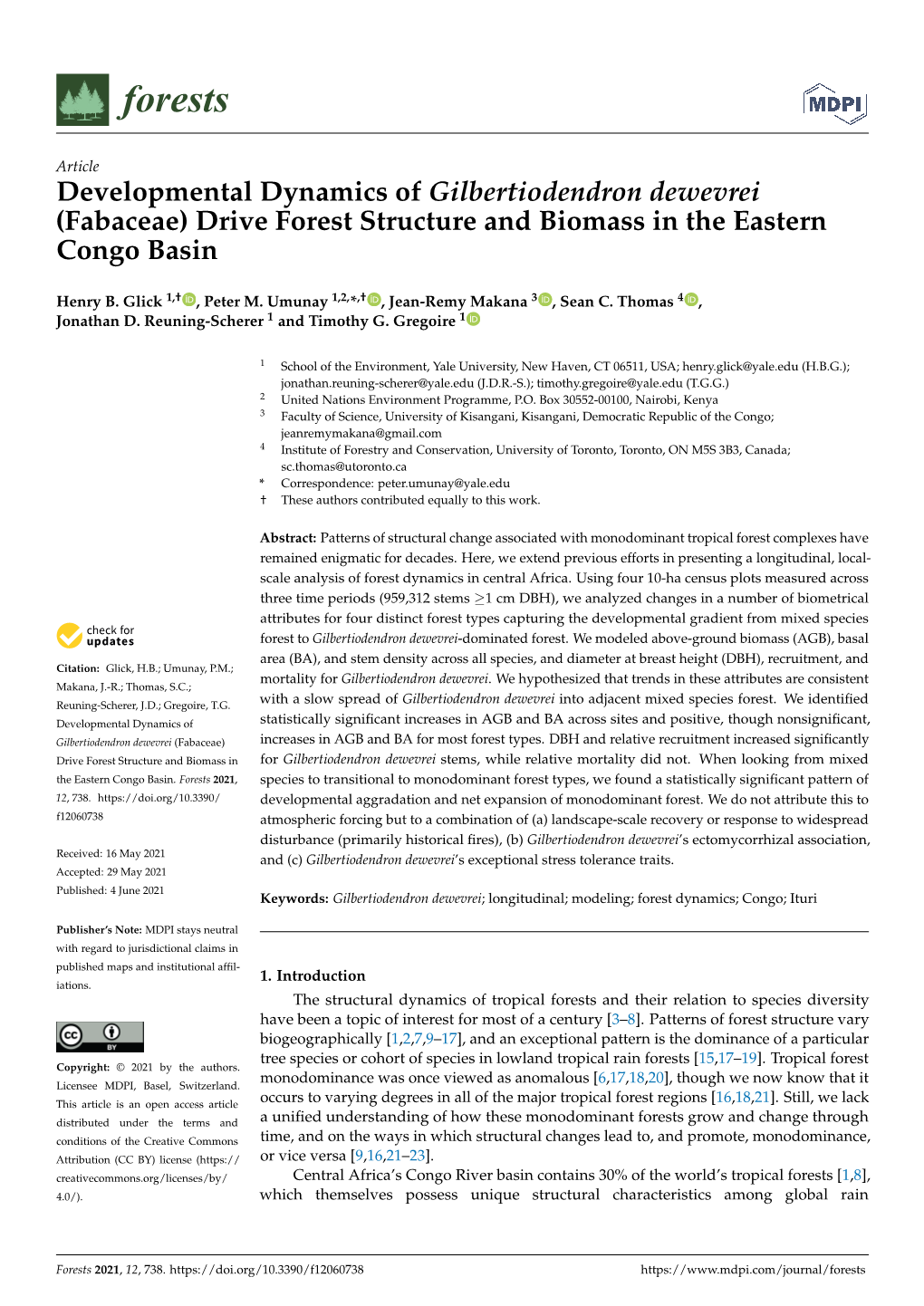 Developmental Dynamics of Gilbertiodendron Dewevrei (Fabaceae) Drive Forest Structure and Biomass in the Eastern Congo Basin