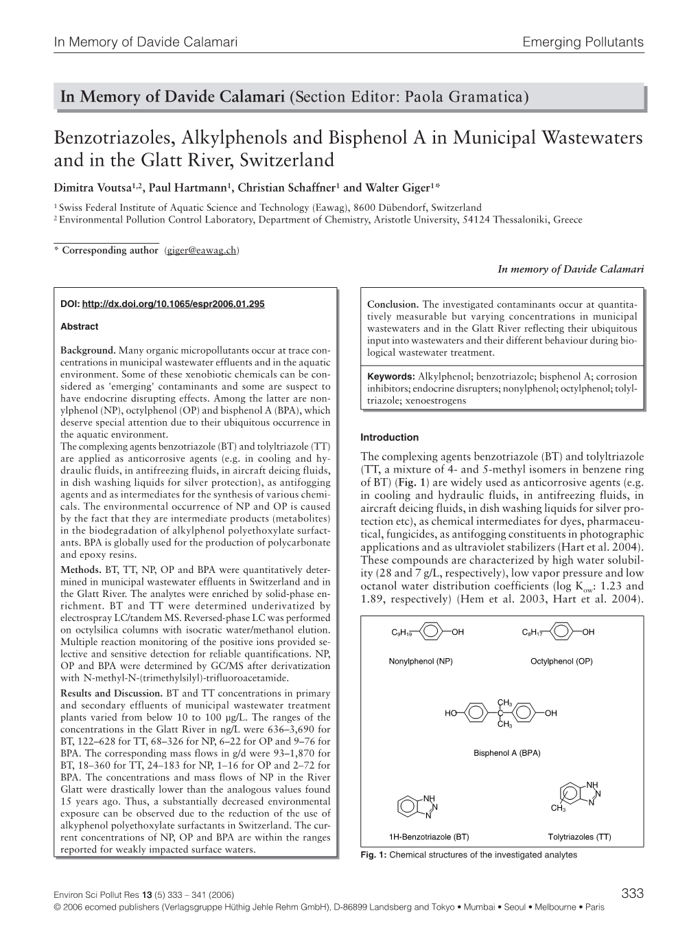 Benzotriazoles, Alkylphenols and Bisphenol a in Municipal Wastewaters and in the Glatt River, Switzerland