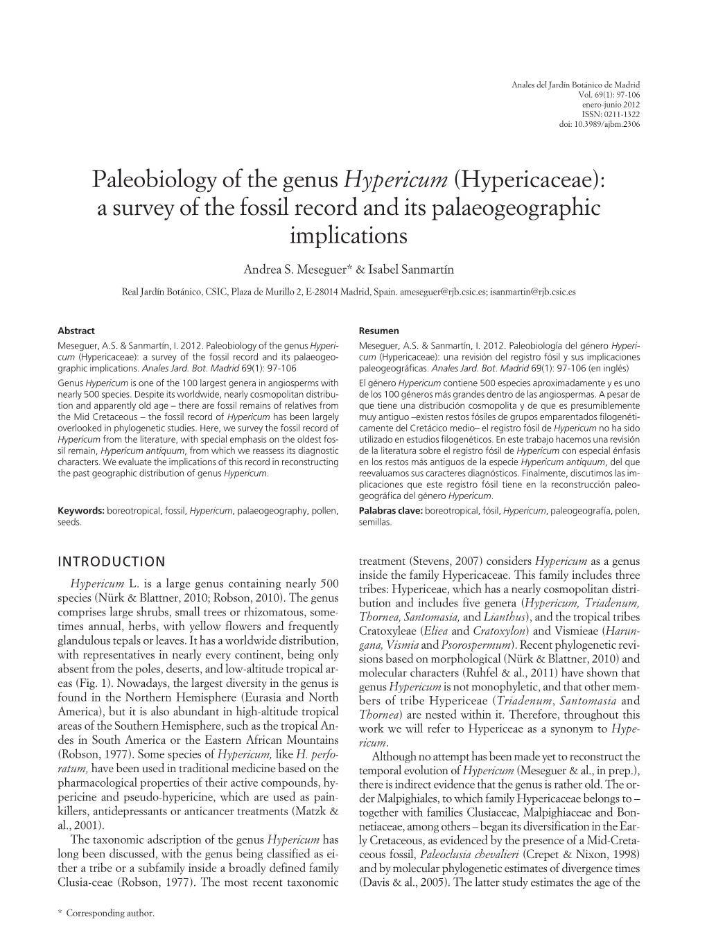 Paleobiology of the Genus Hypericum (Hypericaceae): a Survey of the Fossil Record and Its Palaeogeographic Implications