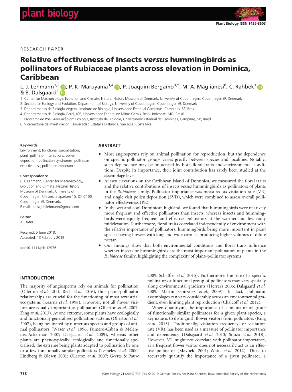 Relative Effectiveness of Insects Versus Hummingbirds As Pollinators of Rubiaceae Plants Across Elevation in Dominica, Caribbean L