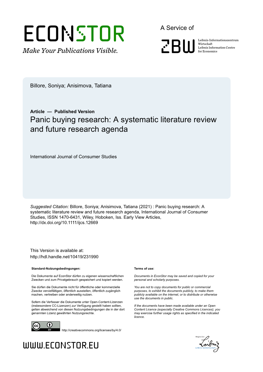 Panic Buying Research: a Systematic Literature Review and Future Research Agenda