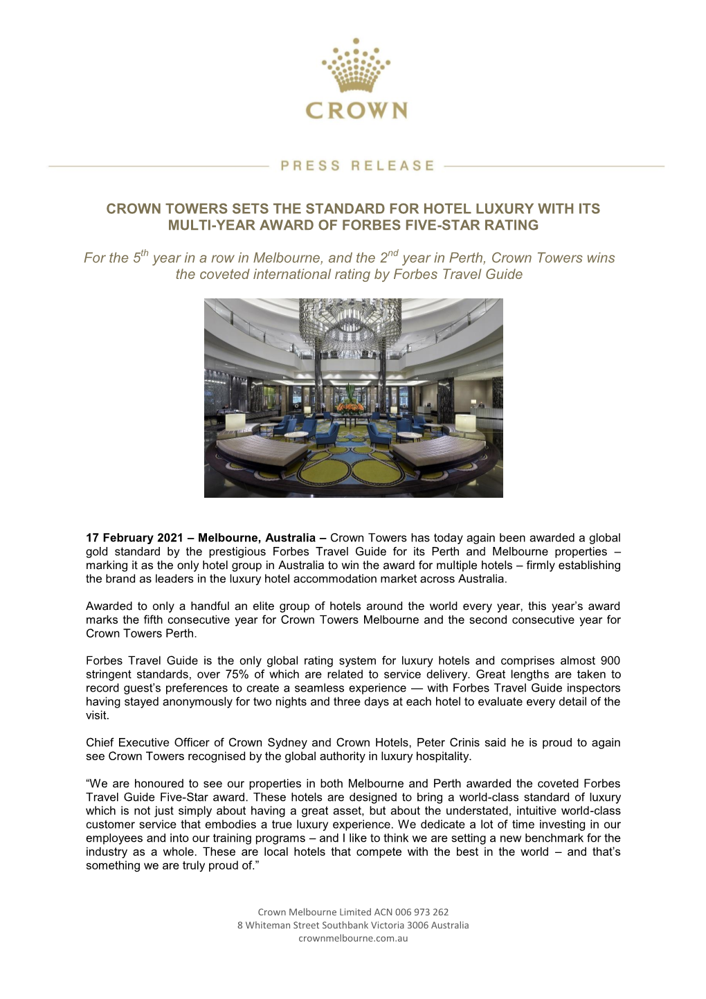 Crown Towers Sets the Standard for Hotel Luxury with Its Multi-Year Award of Forbes Five-Star Rating