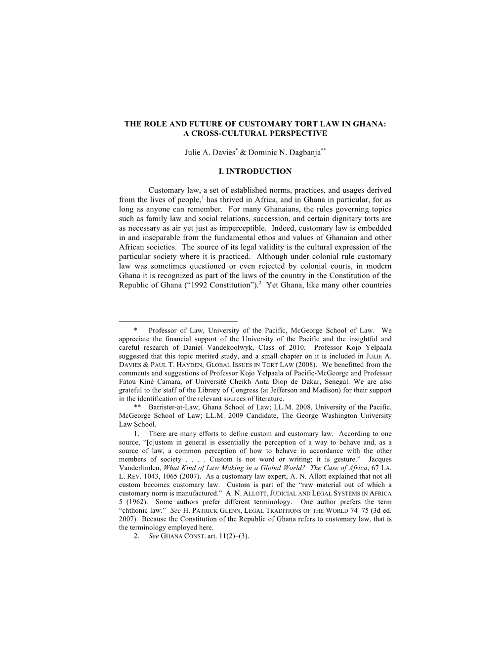 The Role and Future of Customary Tort Law in Ghana: a Cross-Cultural Perspective