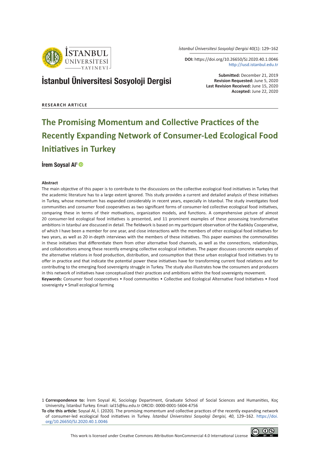 The Promising Momentum and Collective Practices of the Recently Expanding Network of Consumer-Led Ecological Food Initiatives in Turkey