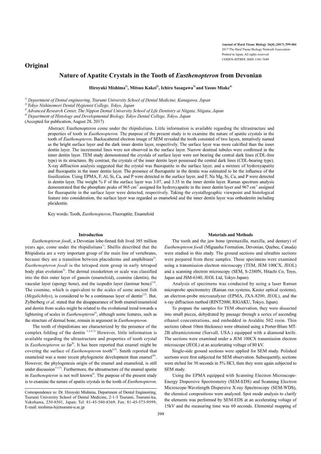 Original Nature of Apatite Crystals in the Tooth of Eusthenopteron from Devonian