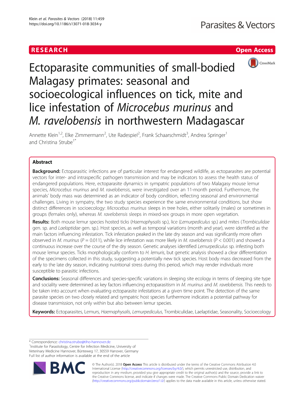 Ectoparasite Communities of Small-Bodied Malagasy Primates: Seasonal and Socioecological Influences on Tick, Mite and Lice Infestation of Microcebus Murinus and M