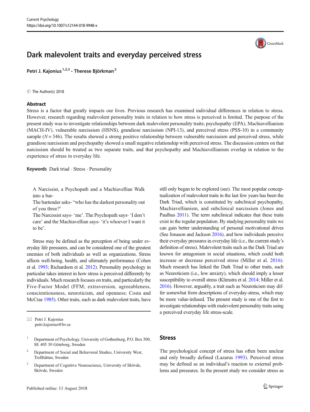 Dark Malevolent Traits and Everyday Perceived Stress