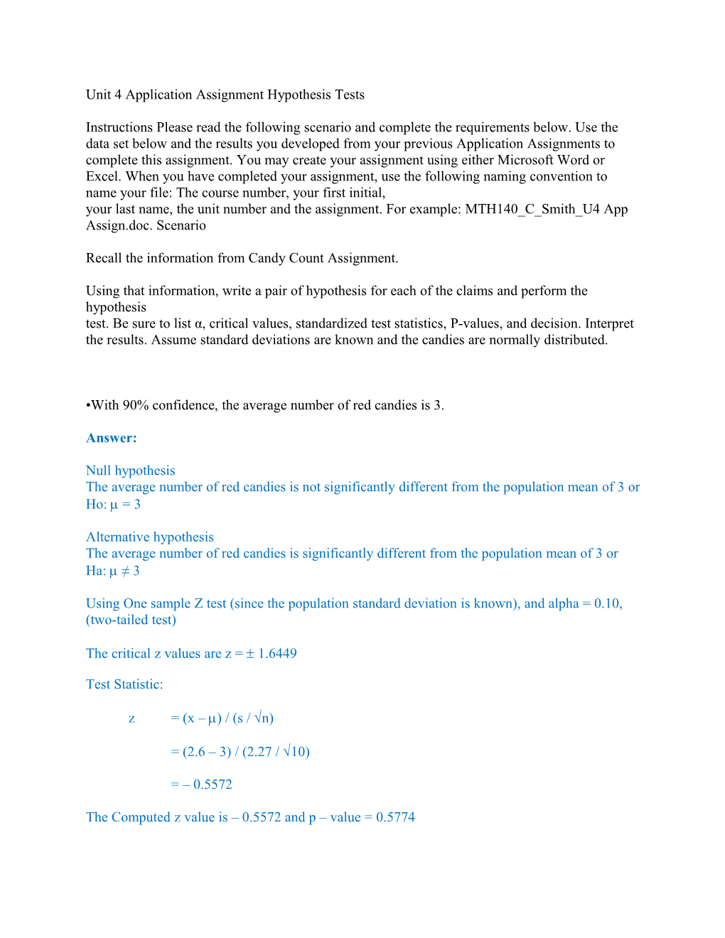 Unit 4 Application Assignment Hypothesis Tests