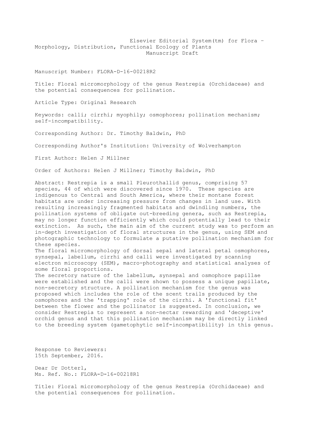 For Flora – Morphology, Distribution, Functional Ecology of Plants Manuscript Draft